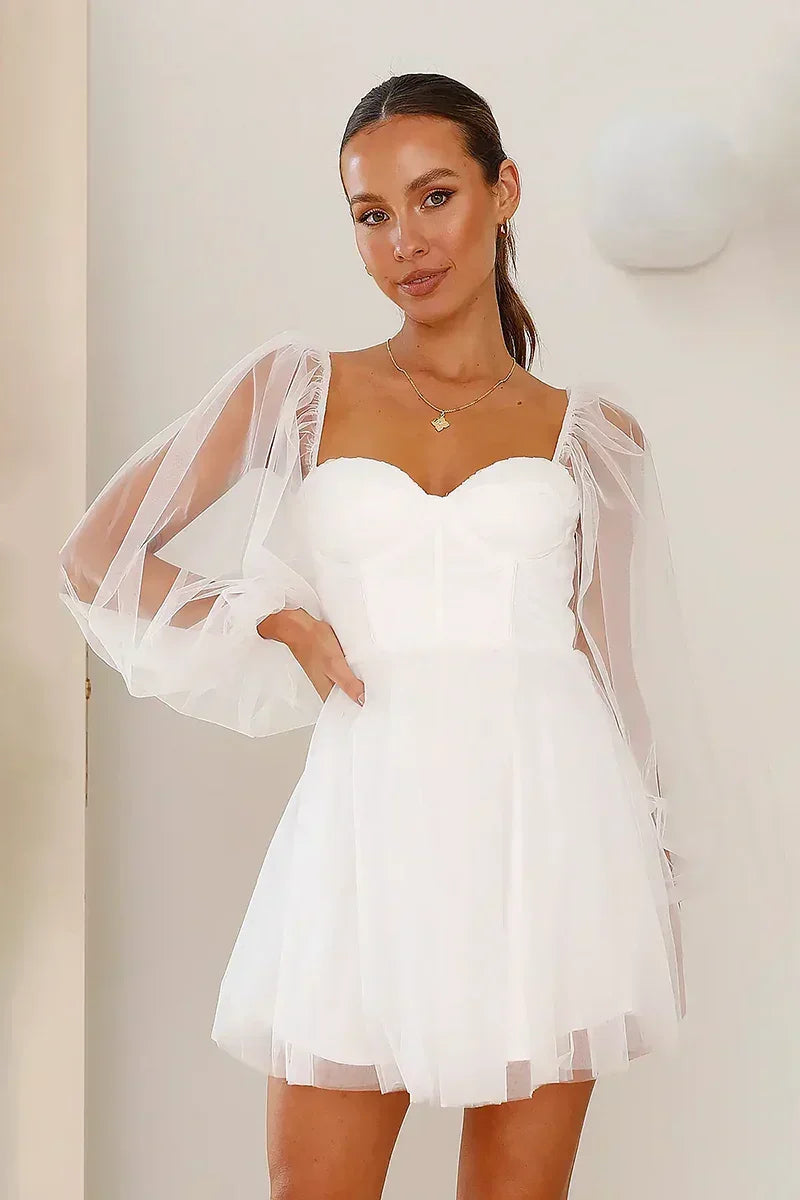 Corset Sweetheart Tulle Balloon Sleeve Tiered Mini Dress