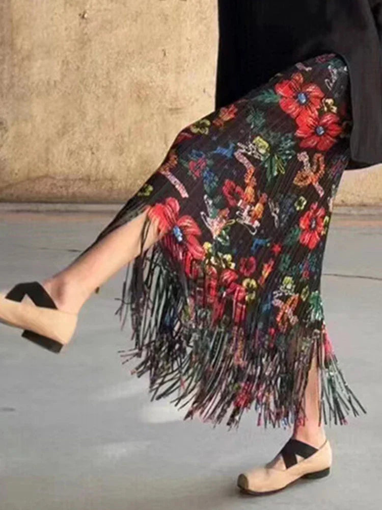 Fashion Printed Flower Tassels High Elastic Waist Skirt