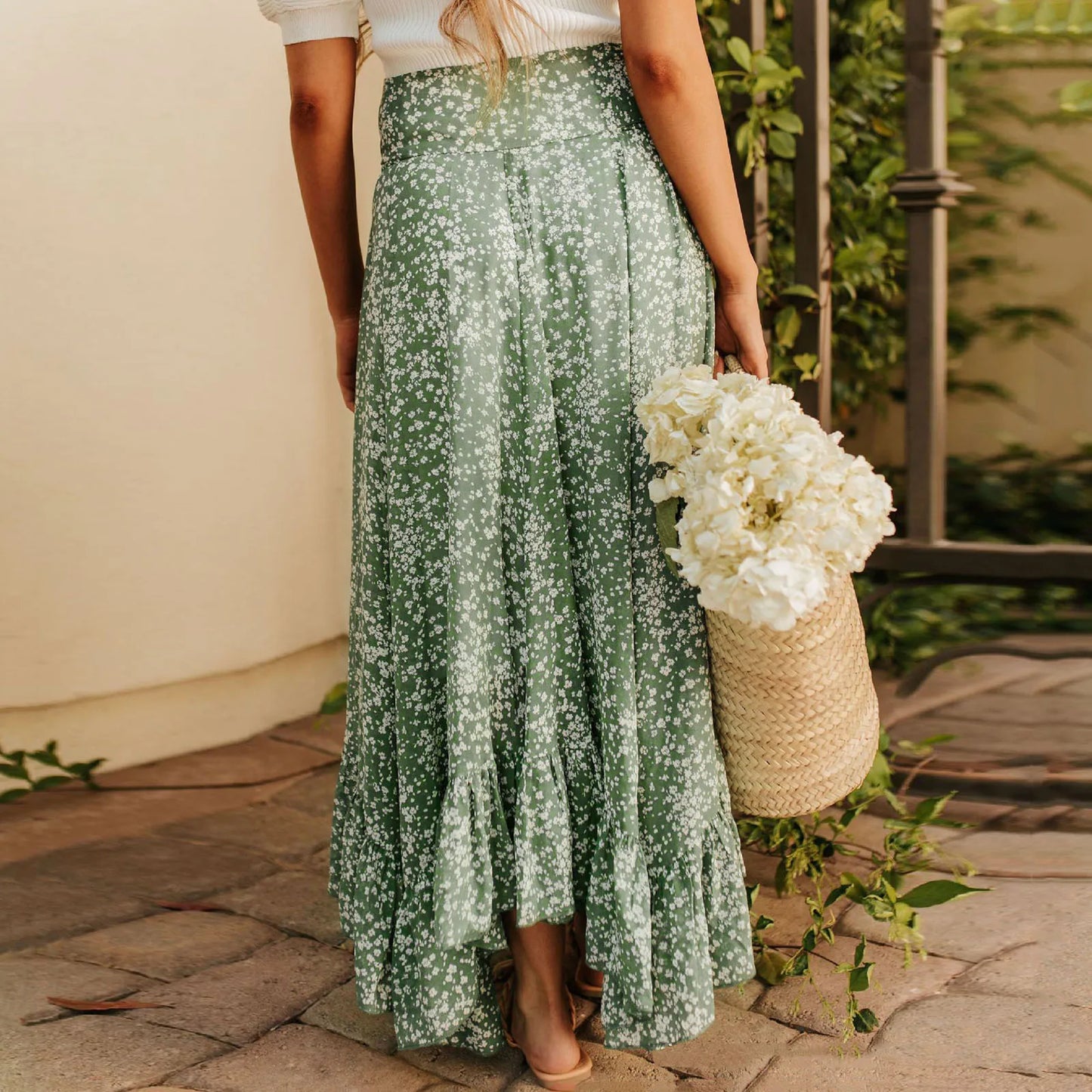 Small Floral Ruffle Korean Style High Waist Swing Long Skirt