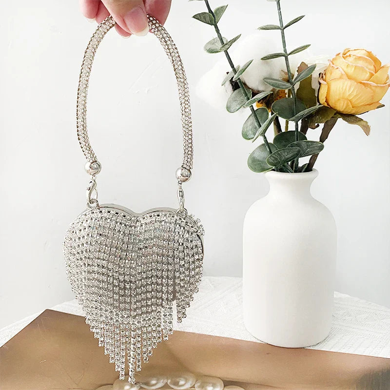 Heart Shape Sparkling Diamond Clutch Bag