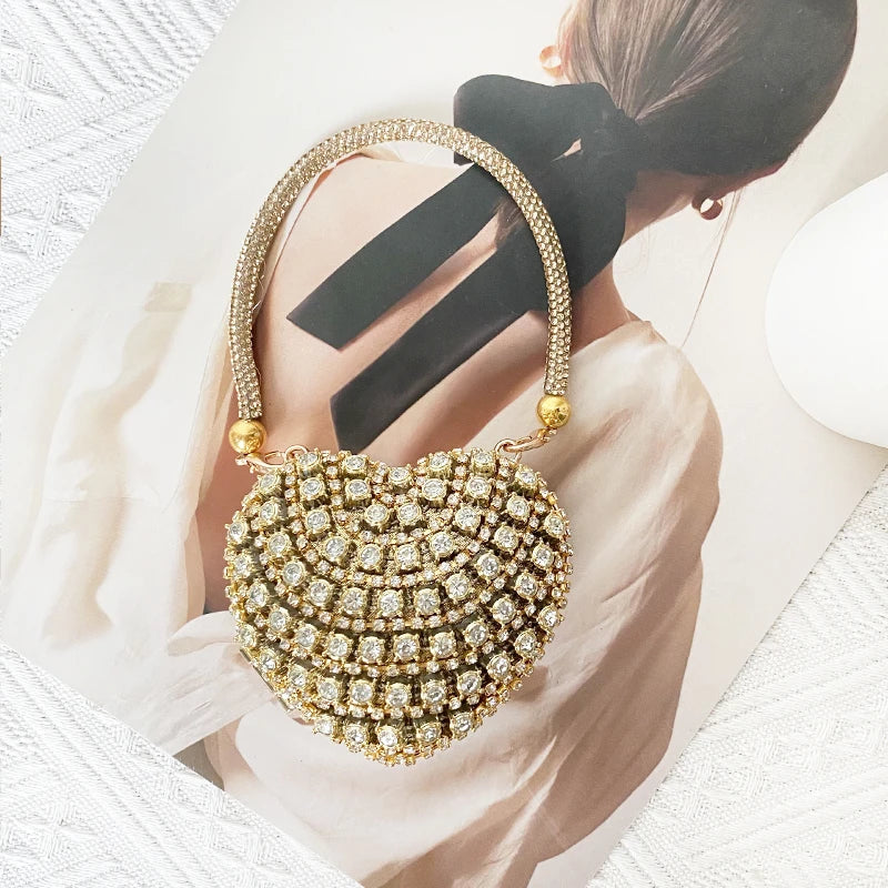 Heart Shape Sparkling Diamond Clutch Bag