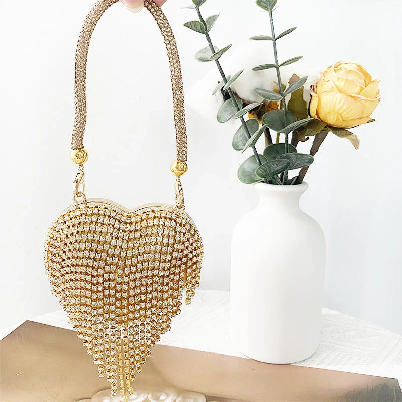 Heart Shape Sparkling Diamond Clutch Bag