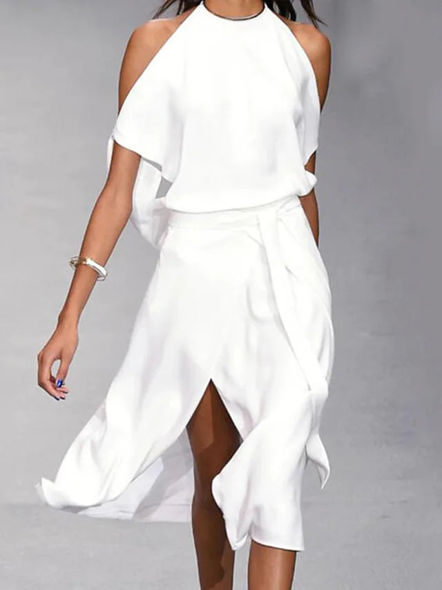 Halter Neck Drape Shoulder Tie Waist Wrap Midi Dress