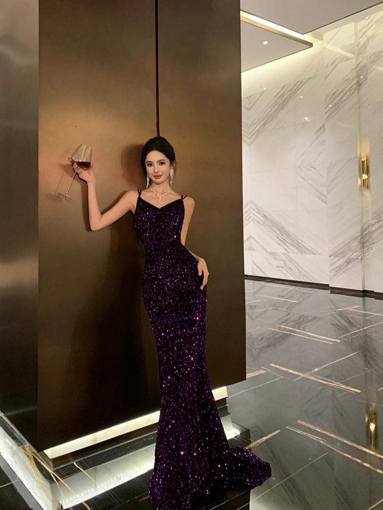 Lavender Sequin Backless Gown Unique Bridal Robe & Party Dress