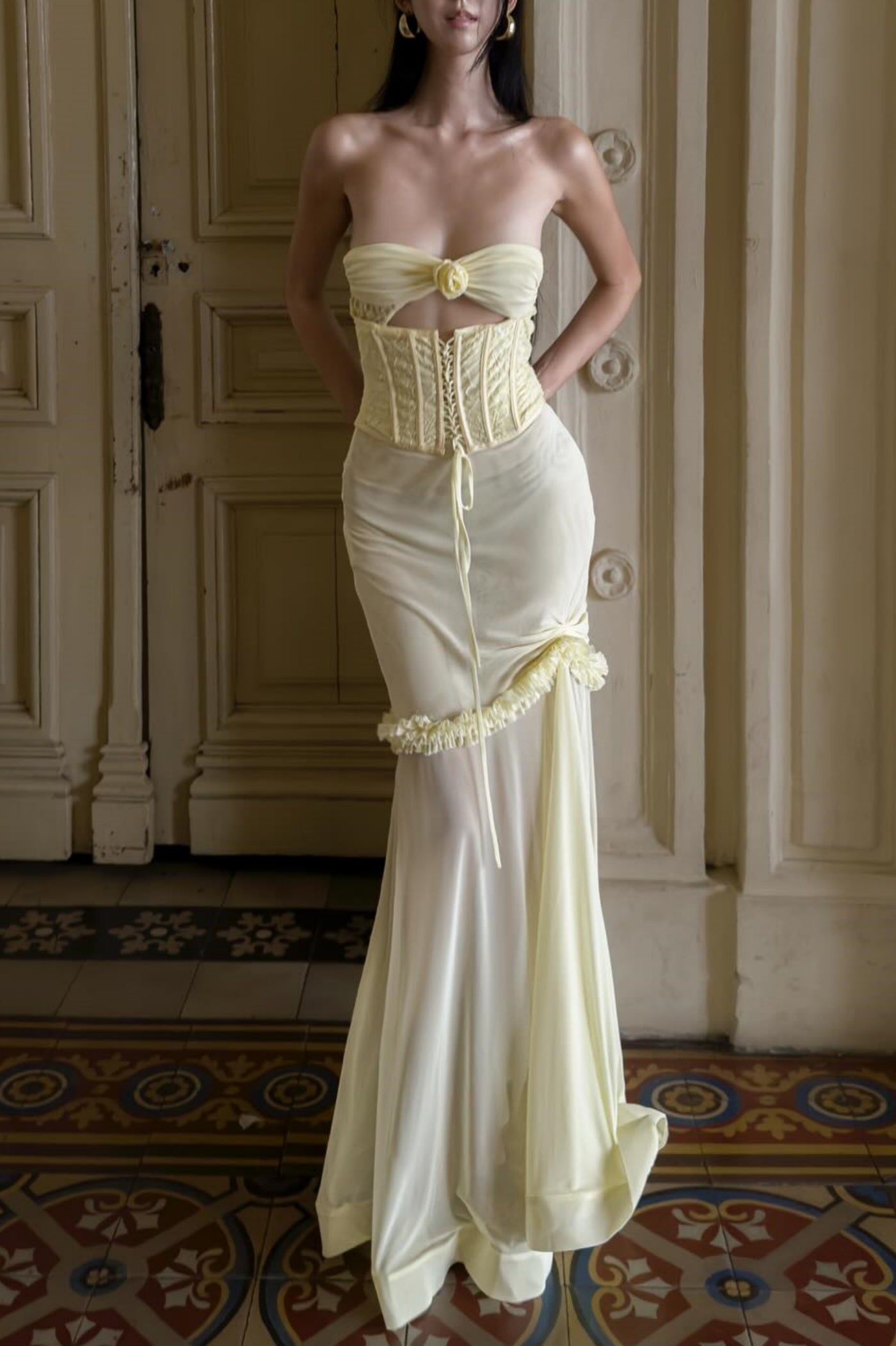 Laythan Mesh Cutout Corset Maxi Dress - Yellow