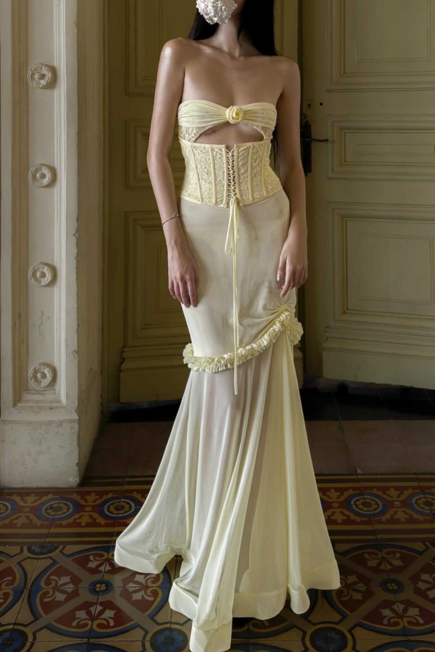 Laythan Mesh Cutout Corset Maxi Dress - Yellow