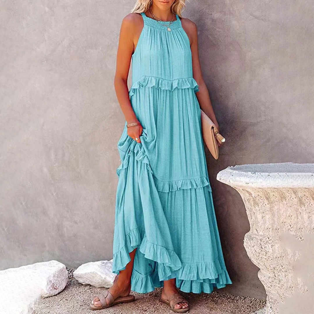 Halter Smocked Neck Tiered Ruffle Texture Maxi Dress