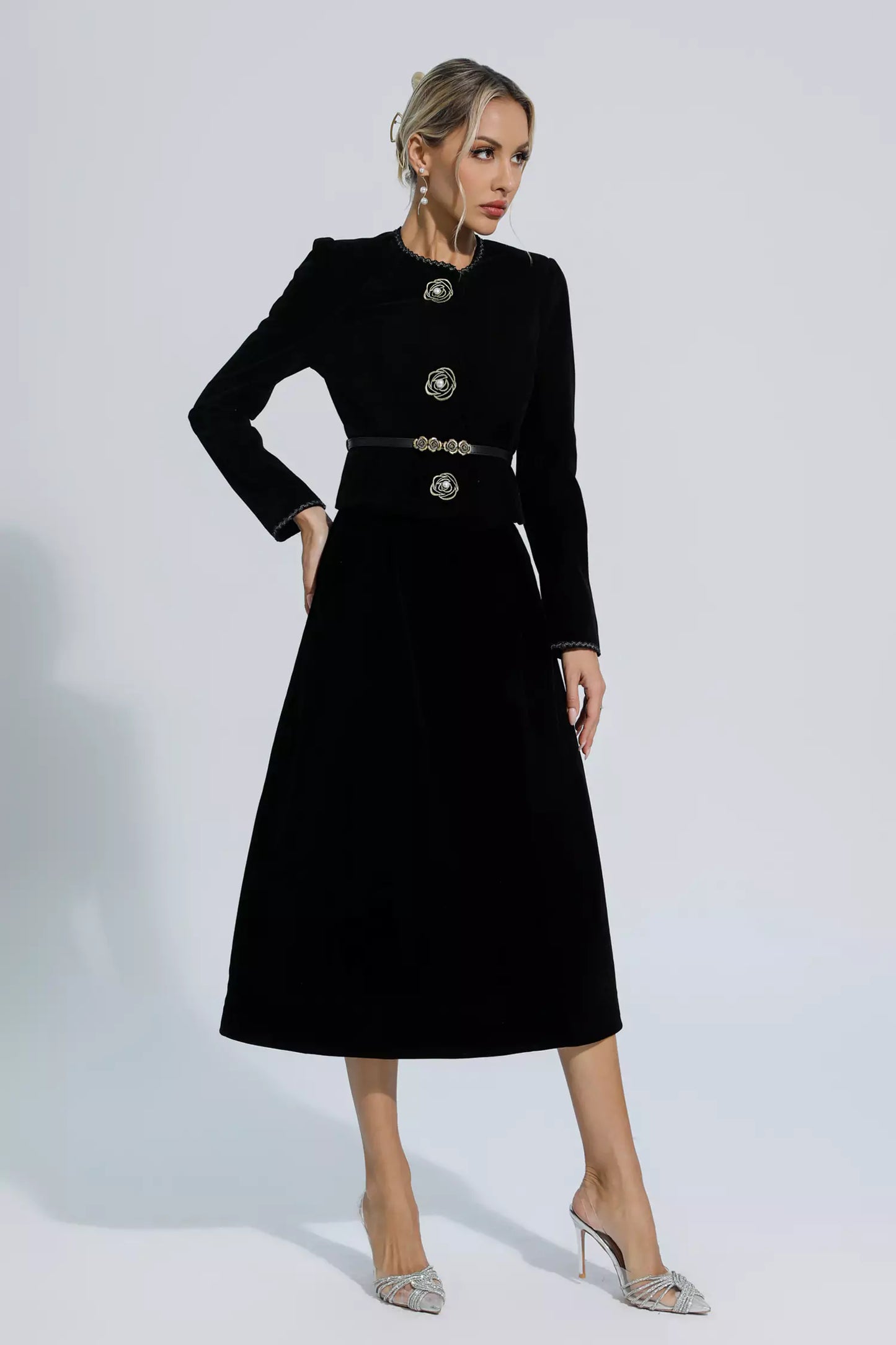 Lina Black Woolen Floral Blazer Set