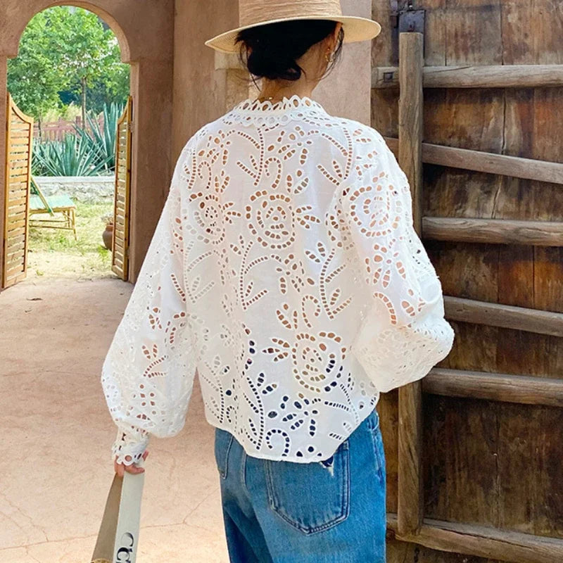 Long Sleeve V-Neck Hollow Out Floral Lace Boho Blouse