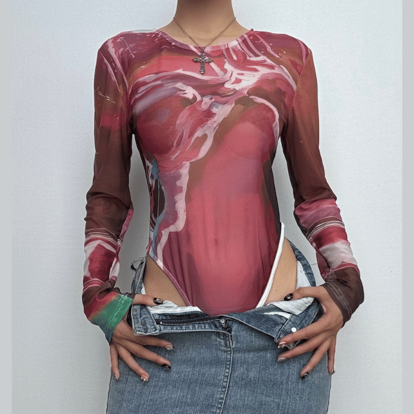 Long sleeve sheer mesh crewneck print bodysuit