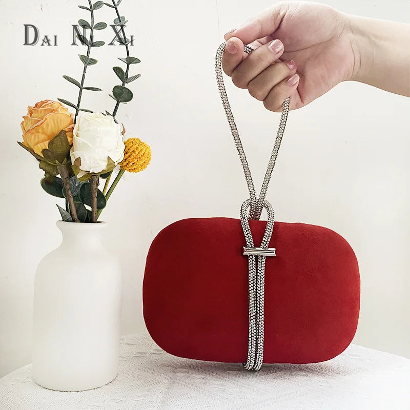 Luxury Red Velvet Crystal Handle Evening Wedding Tote Handbag
