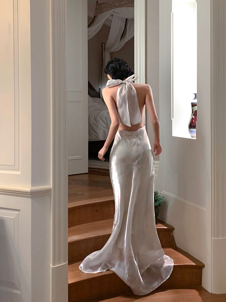 Luxury Deep V Bow-Tie Floor-Length Dress