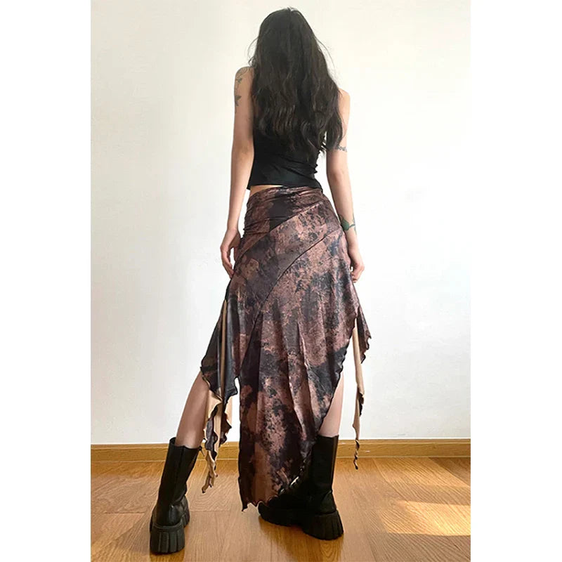 Y2K Irregular Midi Skirt Vintage Boho Ruffles Print Skirt