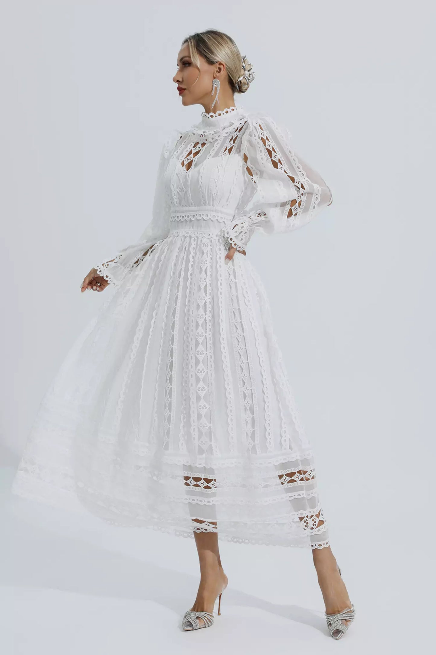 Mariam White Hollow Lace Long Sleeve Dress