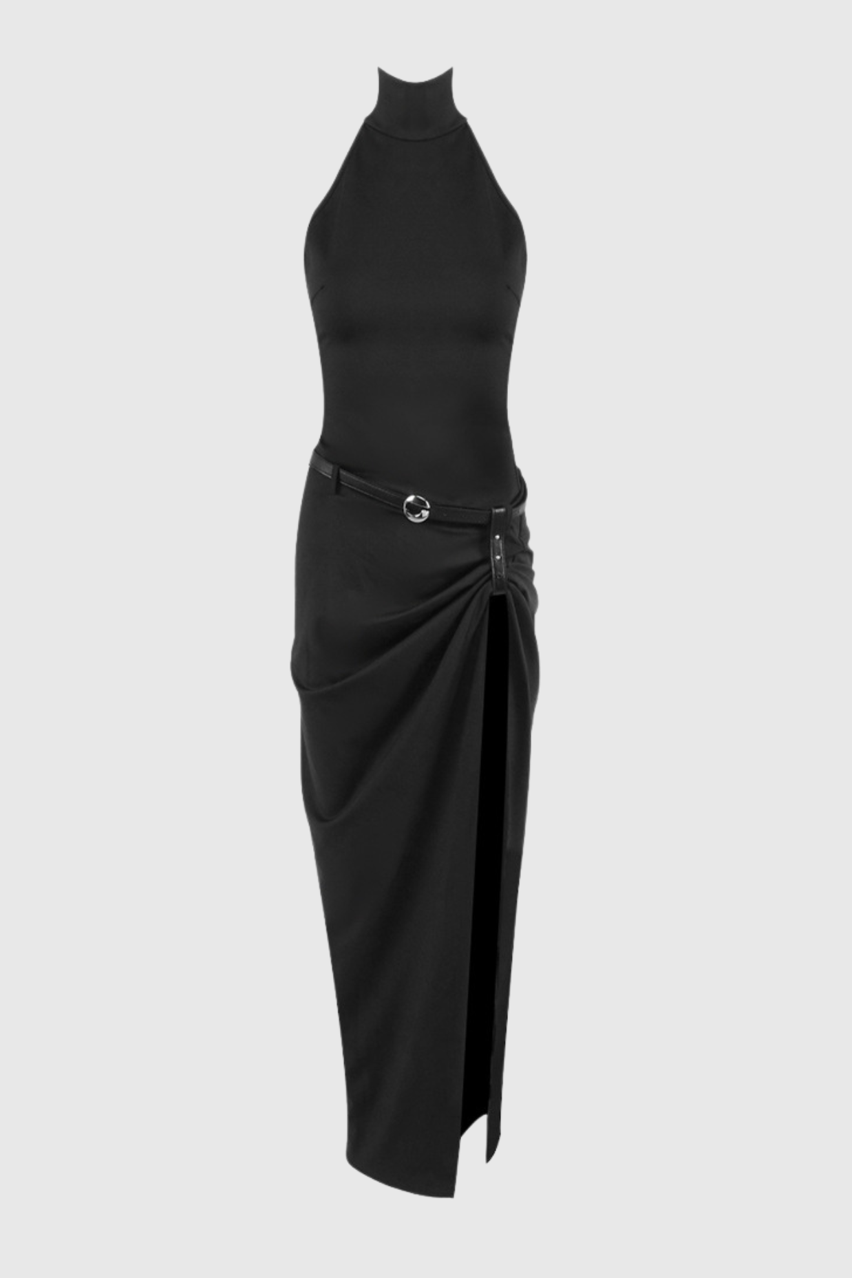 Masha Halter Ruched Belted Split Maxi Dress