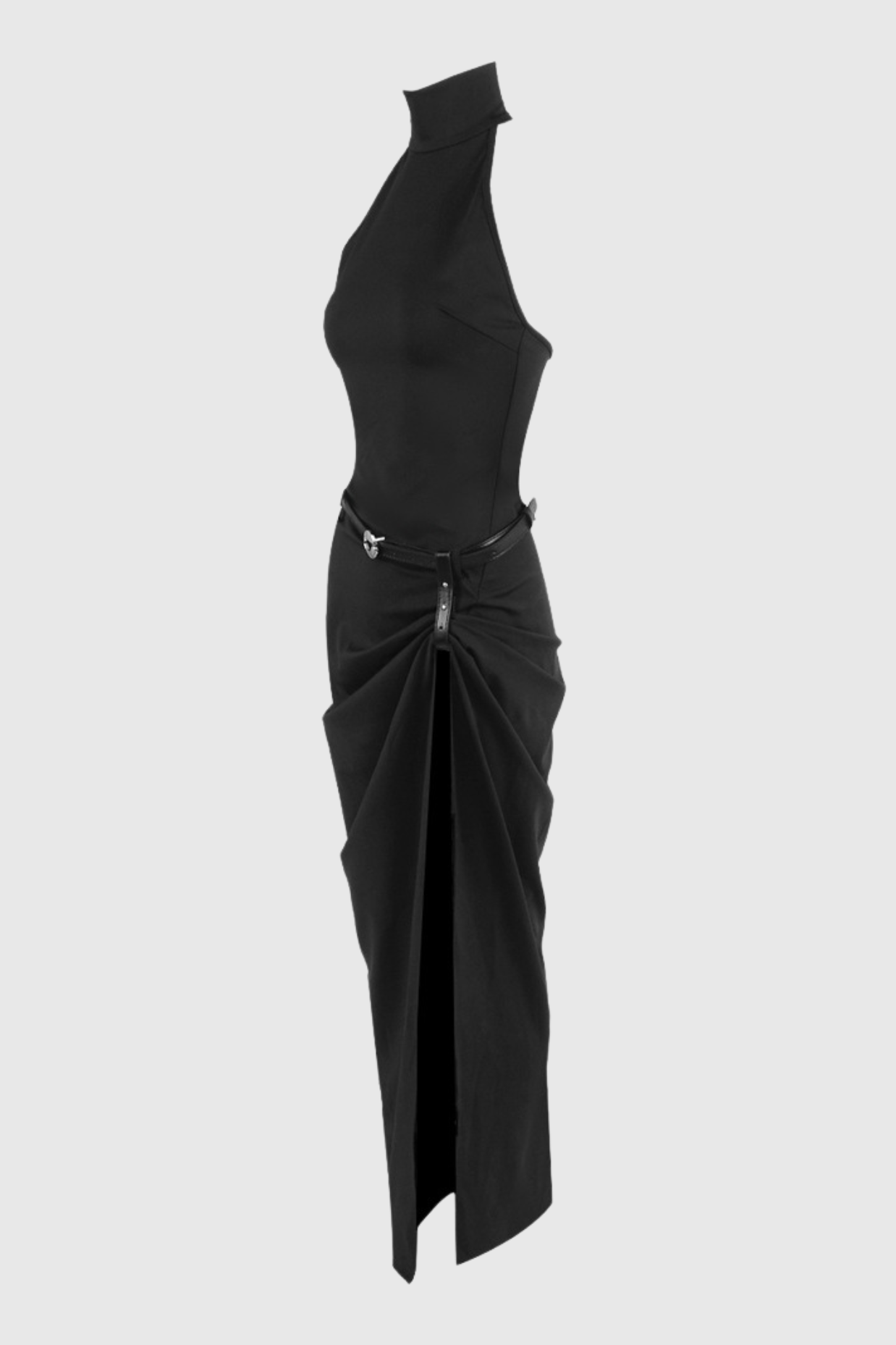 Masha Halter Ruched Belted Split Maxi Dress