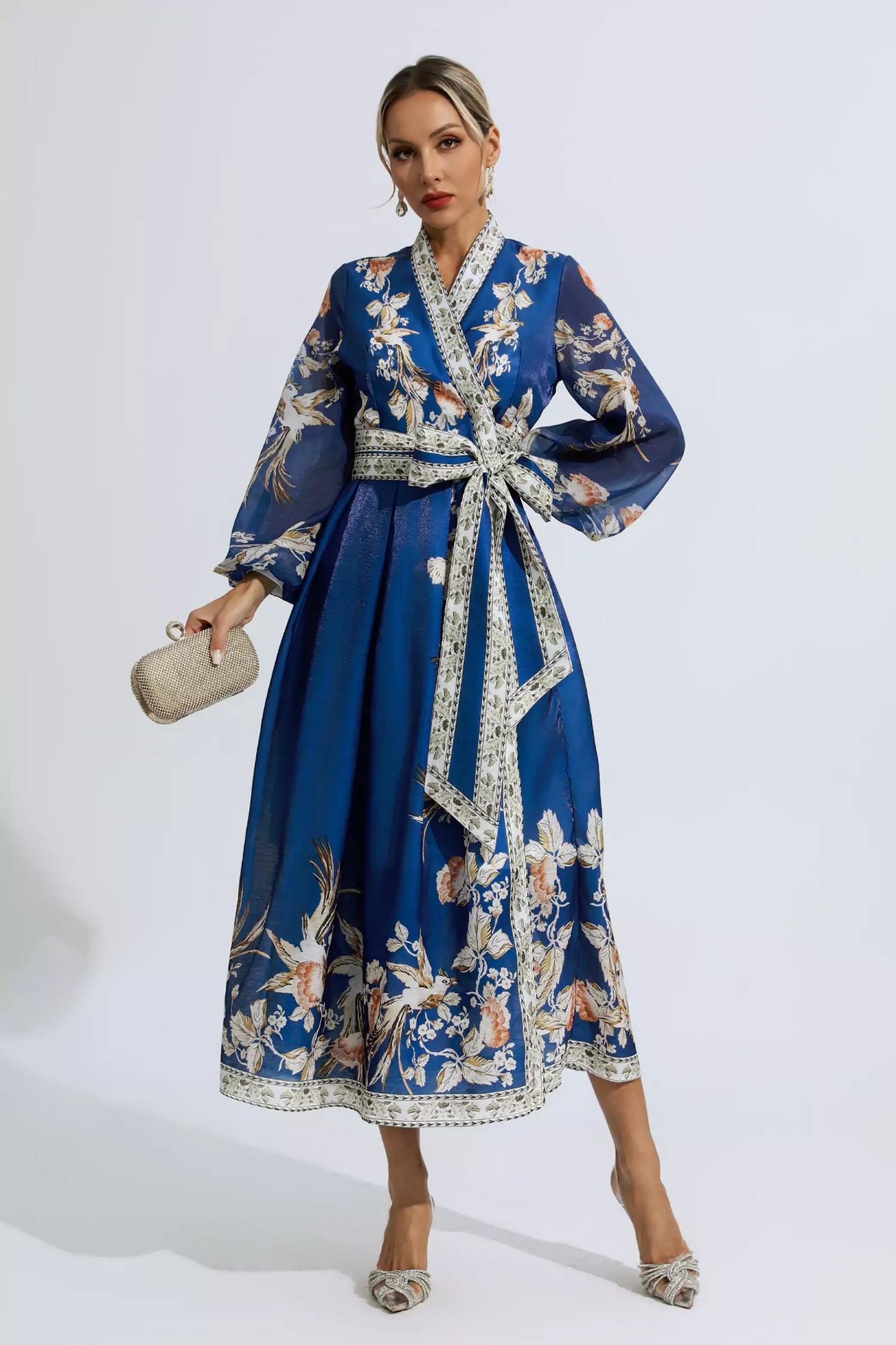Miley Blue Floral Belted Long Sleeve Dress