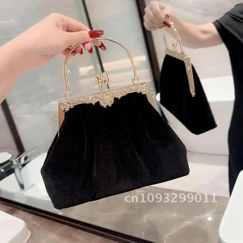 Mysterious Black Velvet Evening Party Wedding Clutch Bag