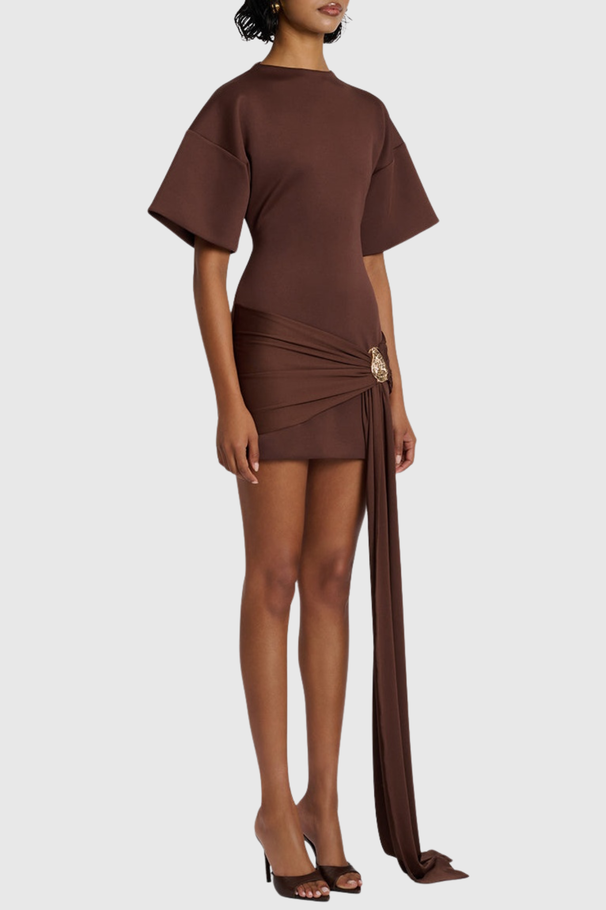 Natalja Draped Embellished Mini Dress - Brown