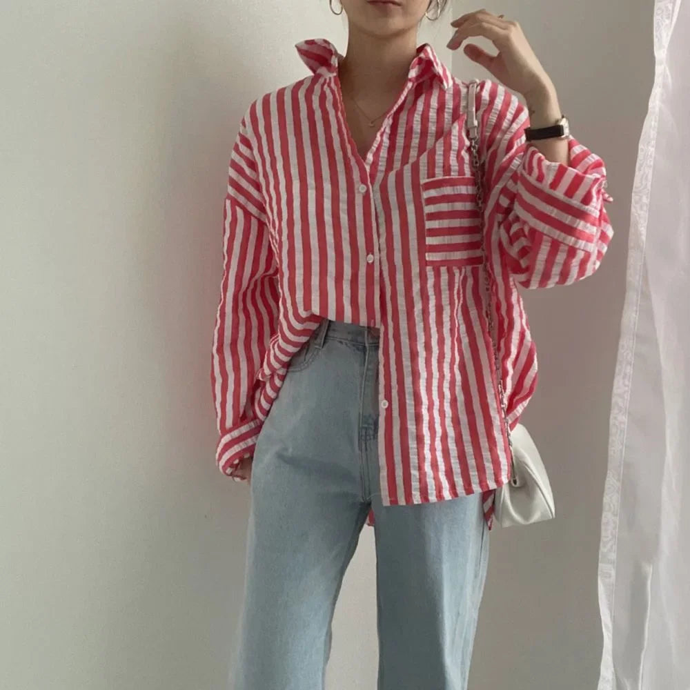 Single-Breasted Striped Lapel Collar Blouse