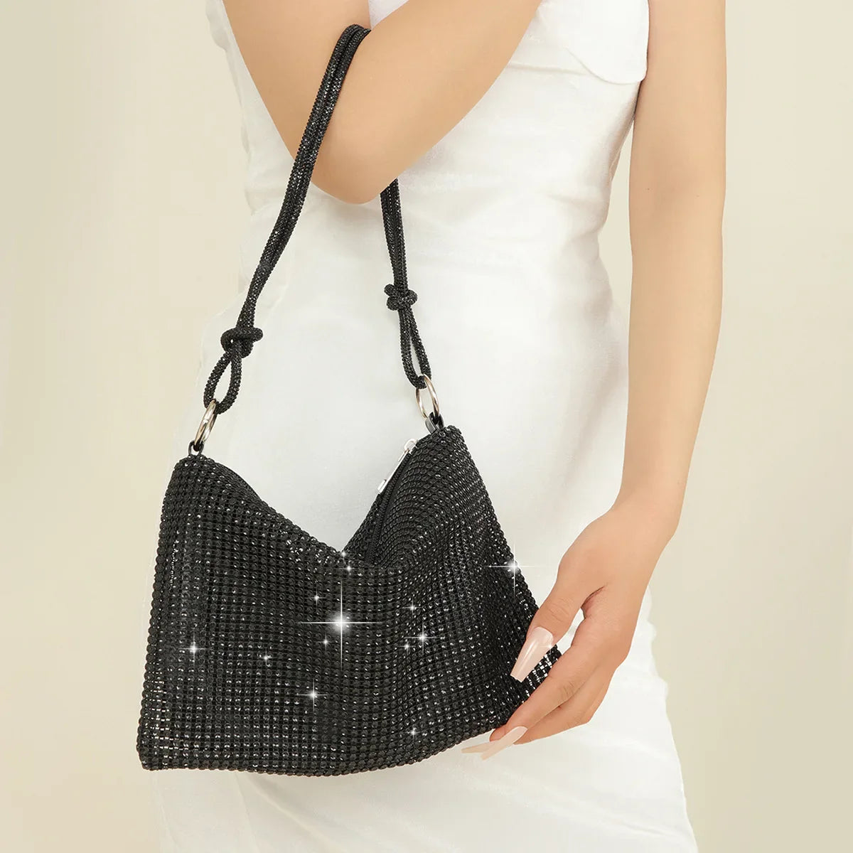 Silver Shiny Rhinestone Underarm Evening Clutch Bag