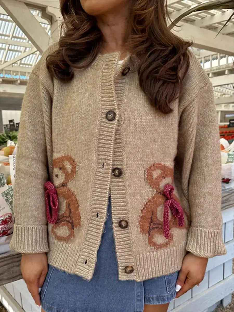 Bear Print Button-Up Round Neck Knit Cardigan