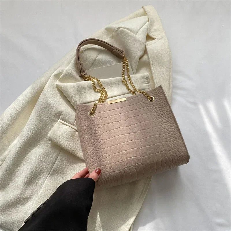 Solid Color Crocodile Print Large Capacity Shoulder Handbag