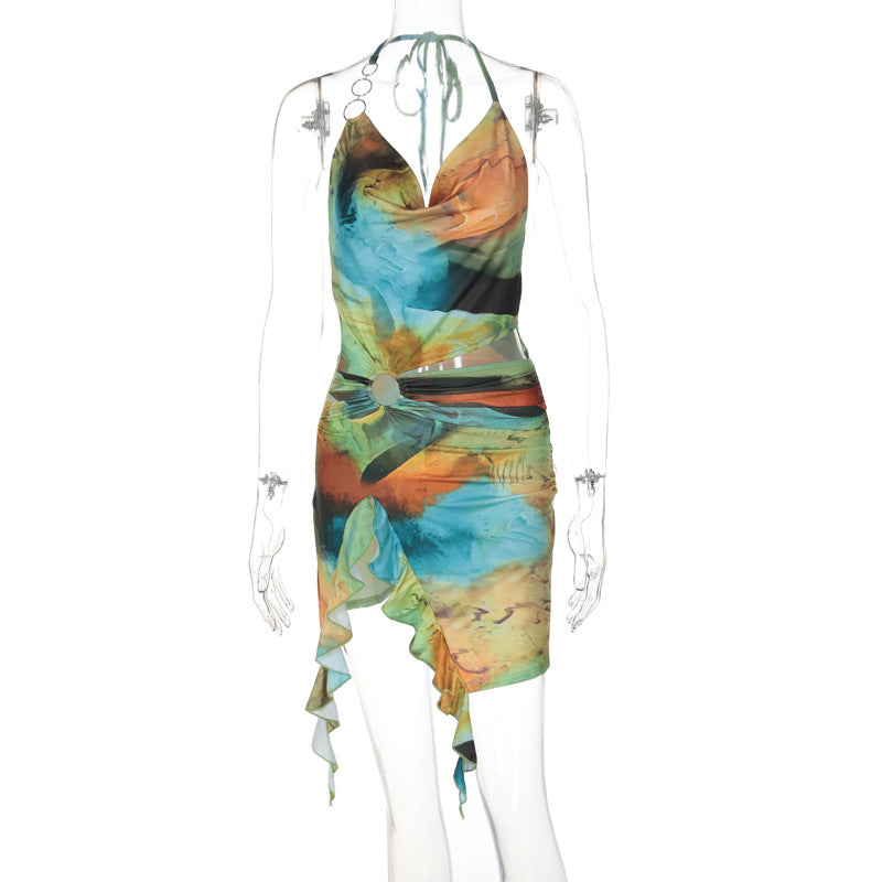 Halter Cowl Neck Mesh Abstract Print Ring Cutout Top and Mini Skirt Set