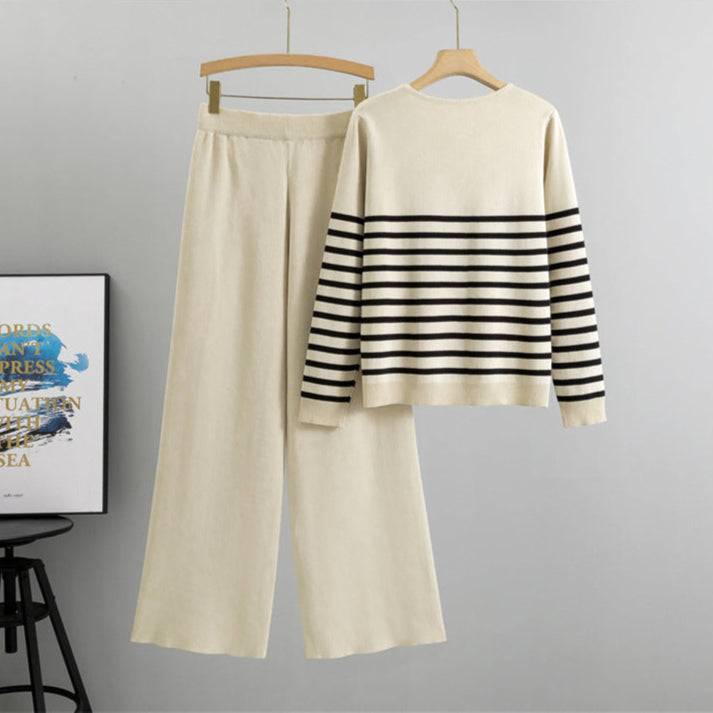 Apricot - Trendy Striped Knitted Two Piece Set