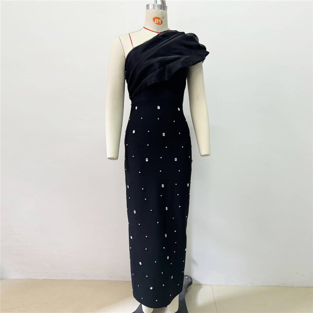One Shoulder Ruffle Detail Rhinestone Embellished Bodycon Floor-Length Gown