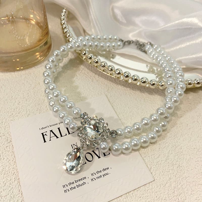 Layered rhinestone faux pearl choker necklace