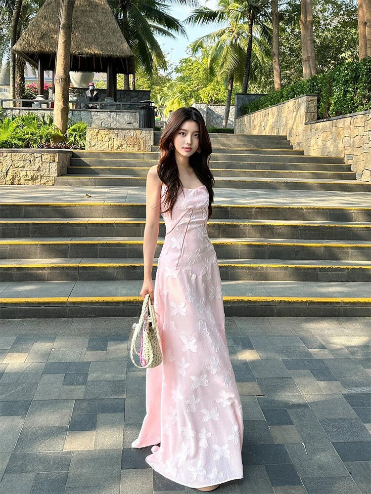 Pink Floral Jacquard Slip Dress Sexy Sheer Summer Holiday Dress