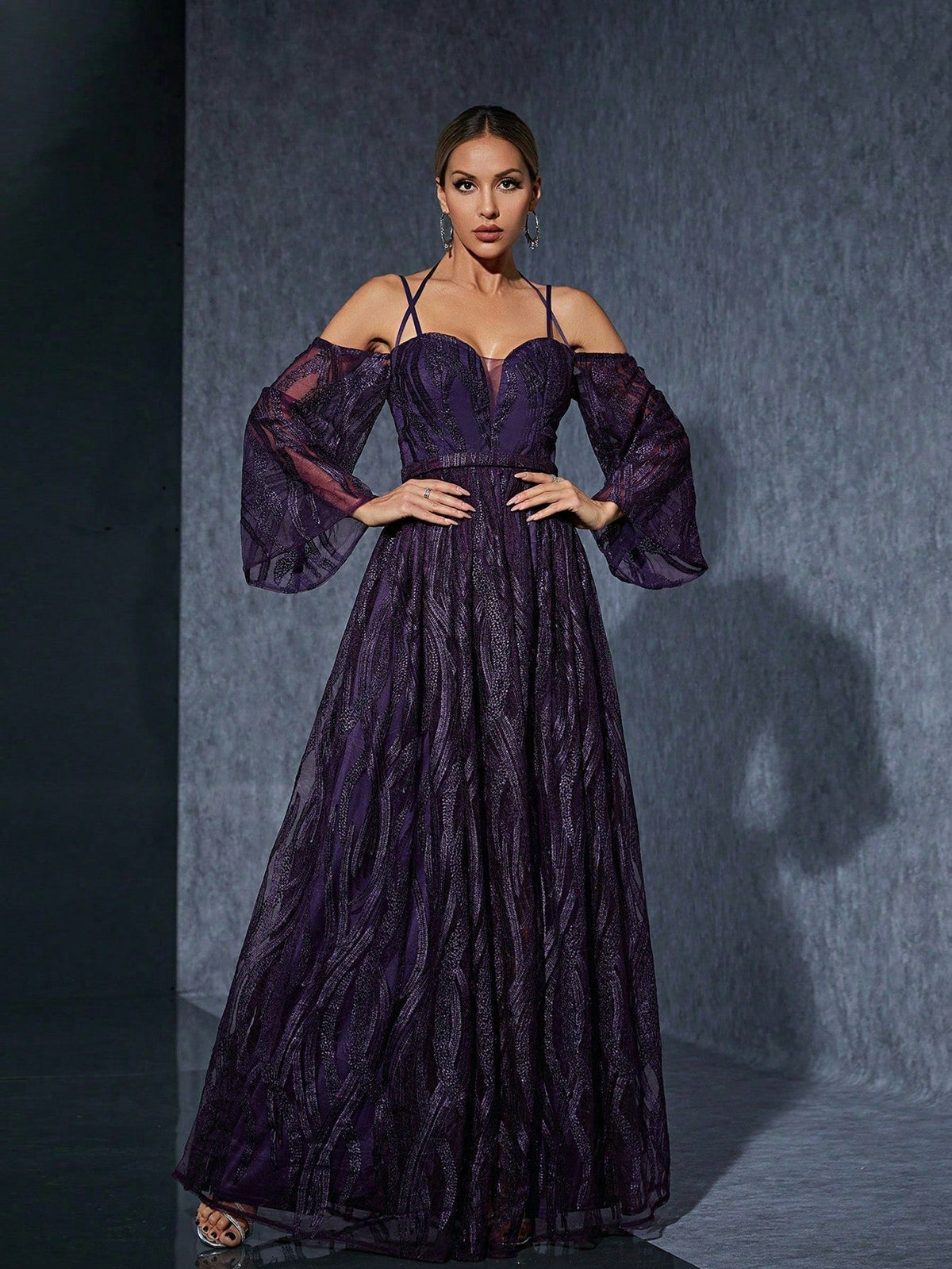 Sweetheart Glitter Mesh Bell Sleeve High Slit Maxi Dress