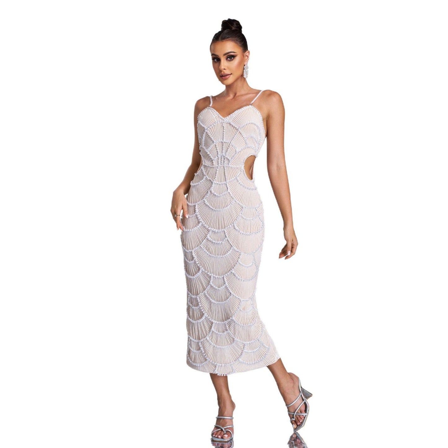 V-Neck Cutout Sequin Beaded Gown Glamorous Evening Dress