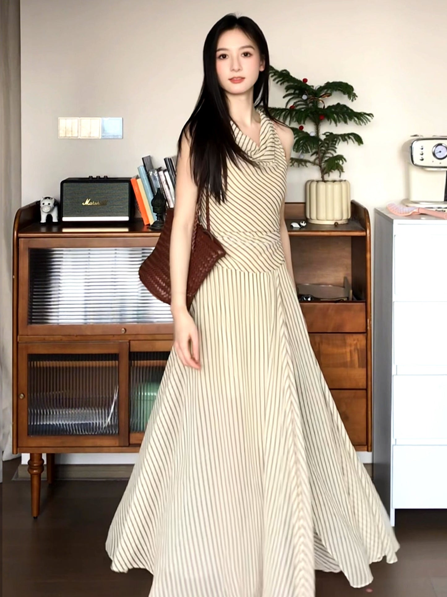 Downton Abbey Striped Sleeveless Maxi Elegant Drape-Neck Holiday Dress