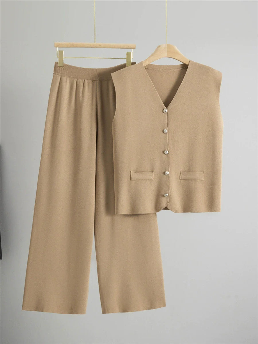 Khaki – Loose Cardigan Sleeveless Two-Piece Set