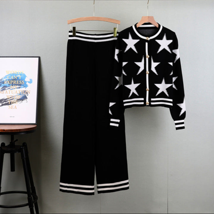 Black - Round Neck Knitted Cardigan Two Piece Set