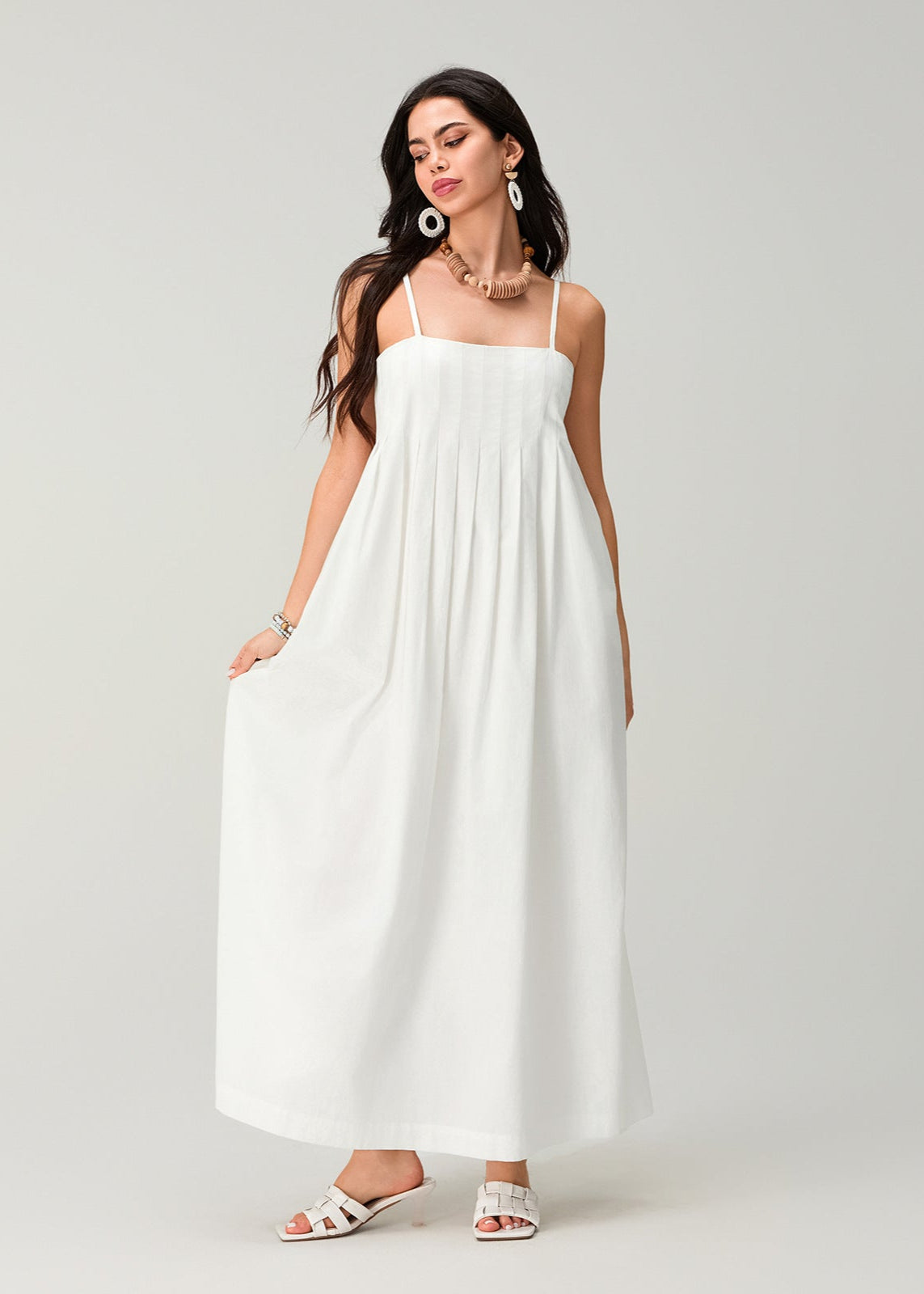 Linen Essence - White Pleated Maxi Sundress