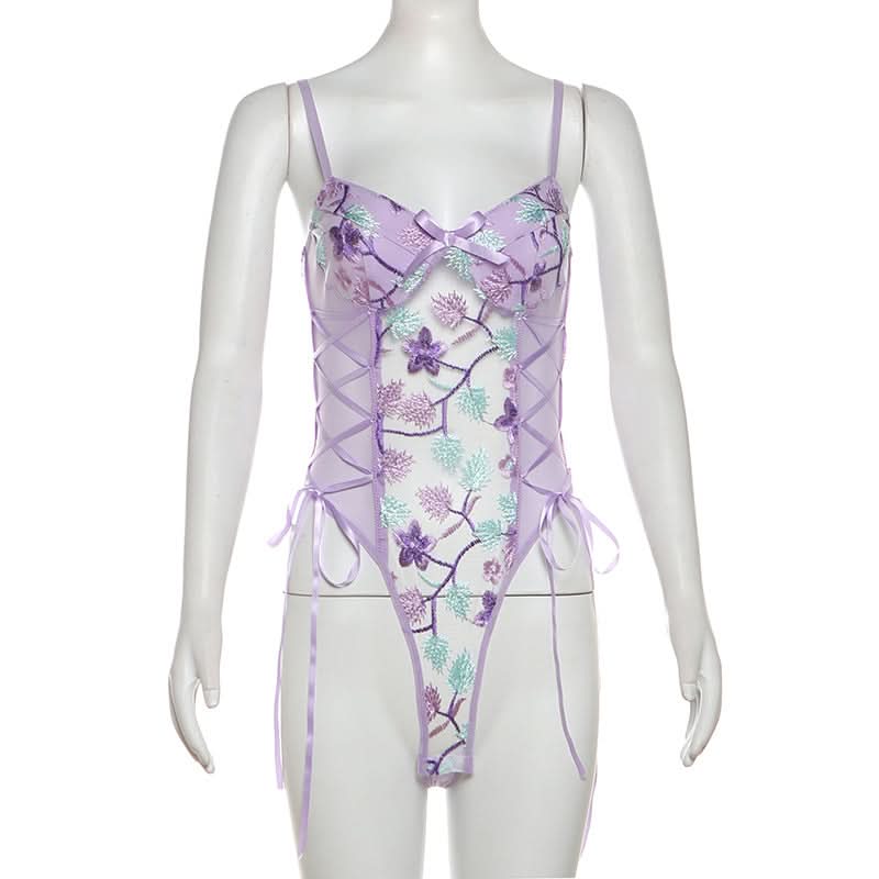 Flower embroidery bowknot mesh lace up cami bodysuit