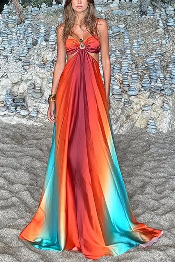 Queen Neon Sunset Printed Metal Decor Sexy Hollow Back Lace Holiday Long Dress