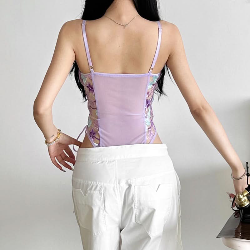 Flower embroidery bowknot mesh lace up cami bodysuit