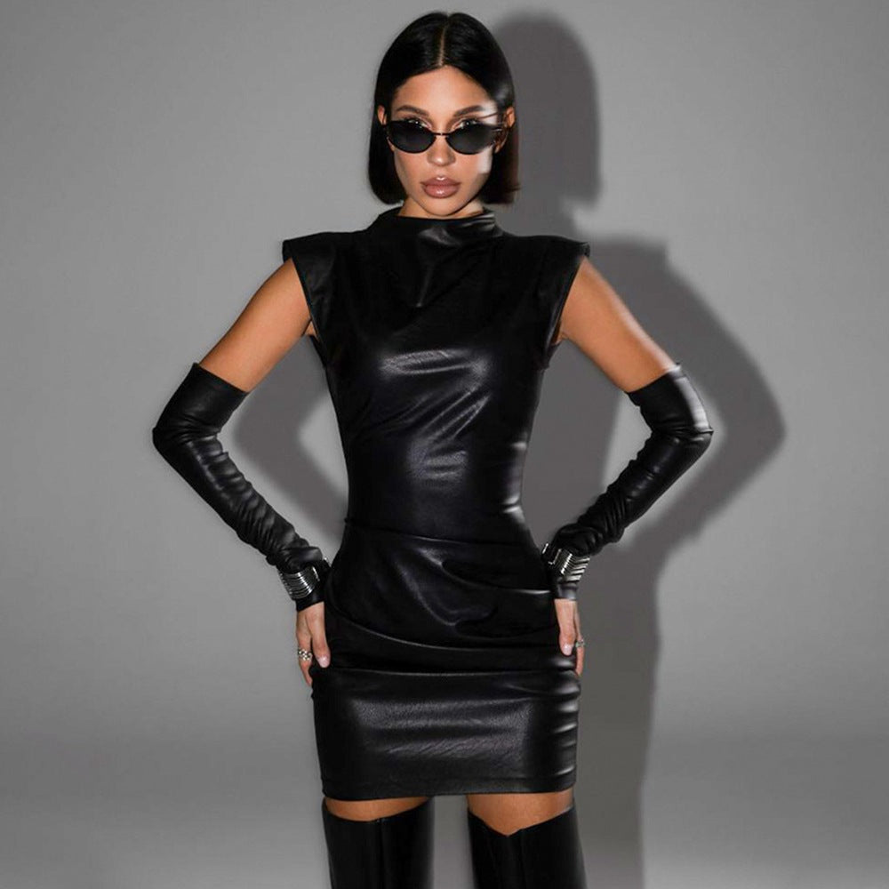 Mock Neck Structured Shoulder Ruched Faux Leather Detached Sleeve Mini Dress
