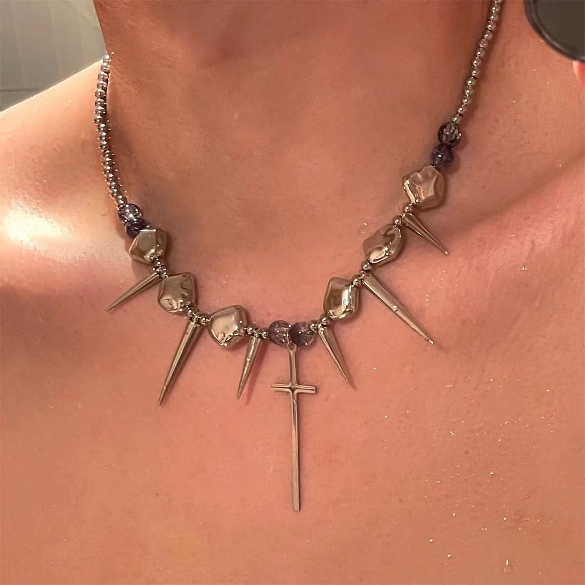 Silver cross rivet metal chain choker necklace