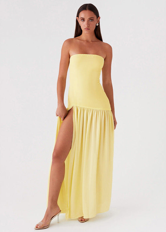 Solar Mirage – Strapless Yellow Maxi Dress with Side Slit