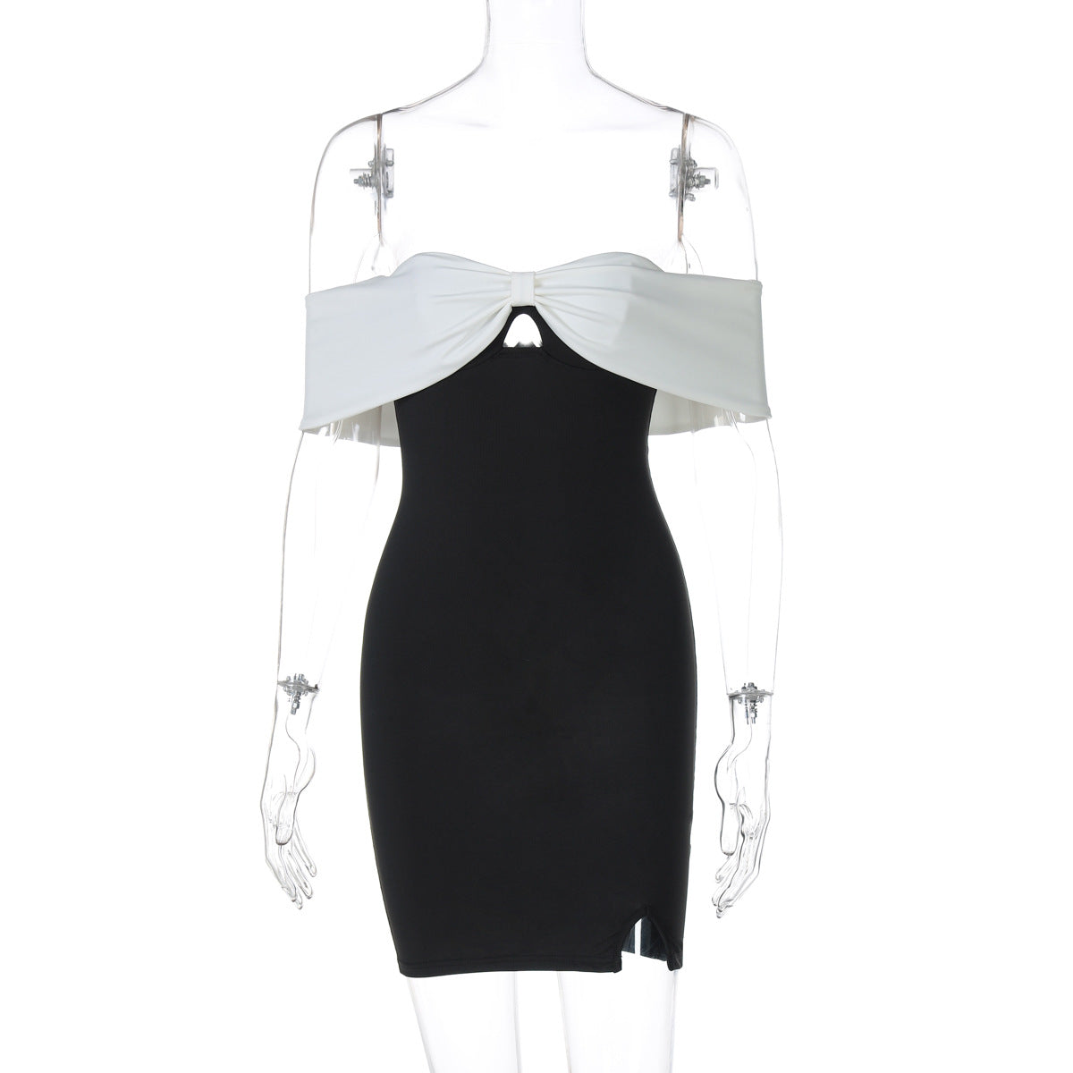 Off-Shoulder Contrast Trim Sweetheart Keyhole Side Slit Bodycon Mini Dress