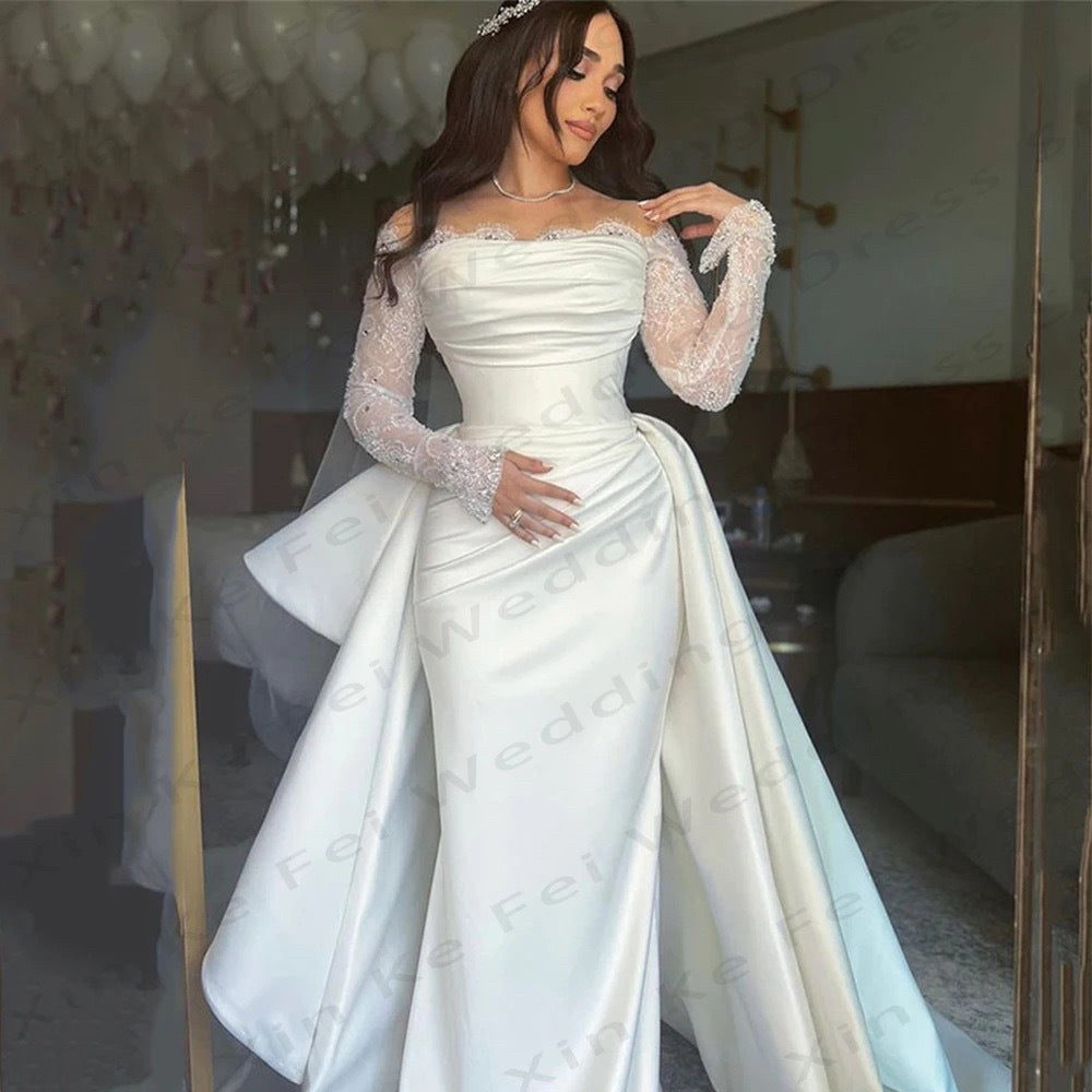 Long Sleeve Off-Shoulder Satin Wedding Dress