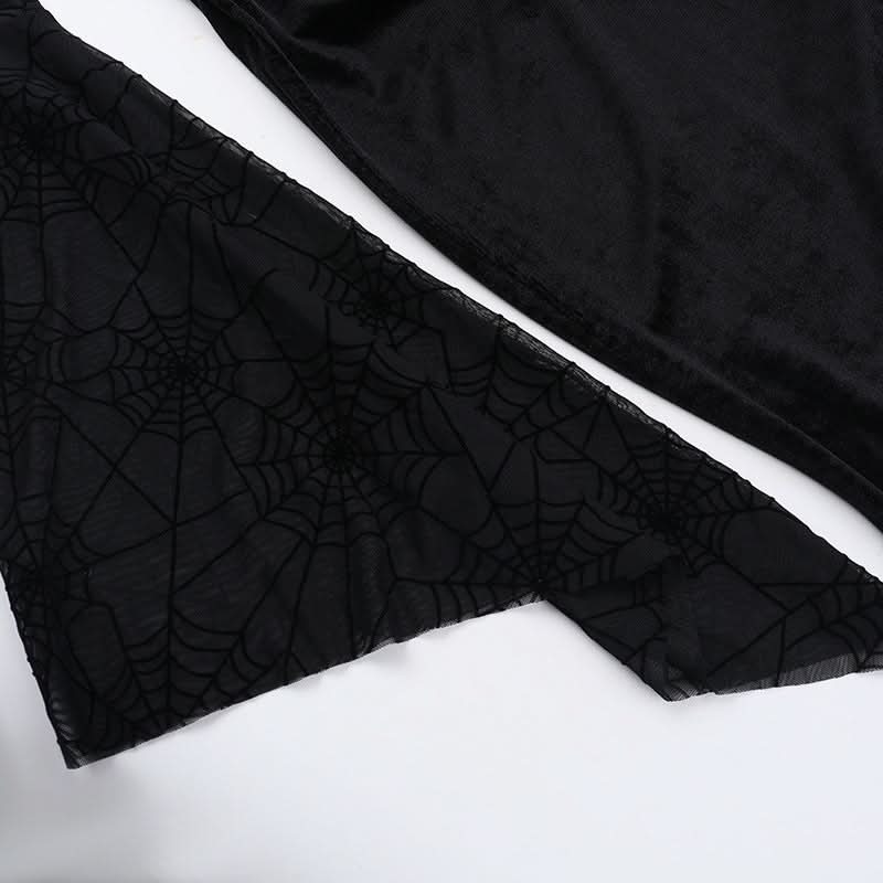 Long flared sleeve spider web slit velvet ruched maxi dress