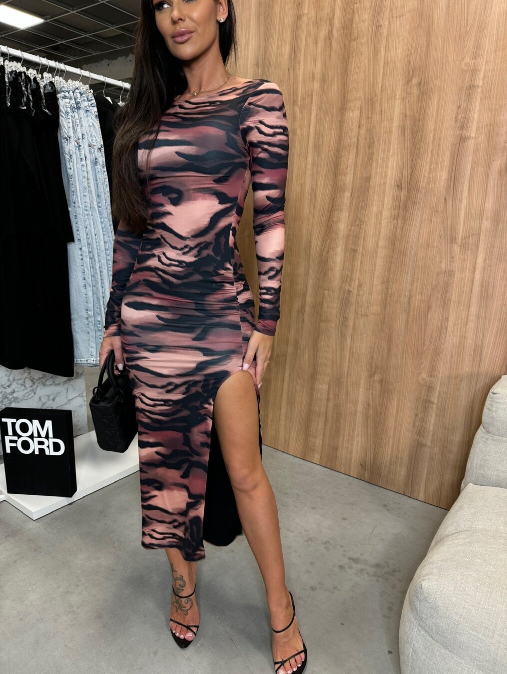 Tiger Stripe Print Crew Neck Long Sleeve High Slit Bodycon Midi Dress