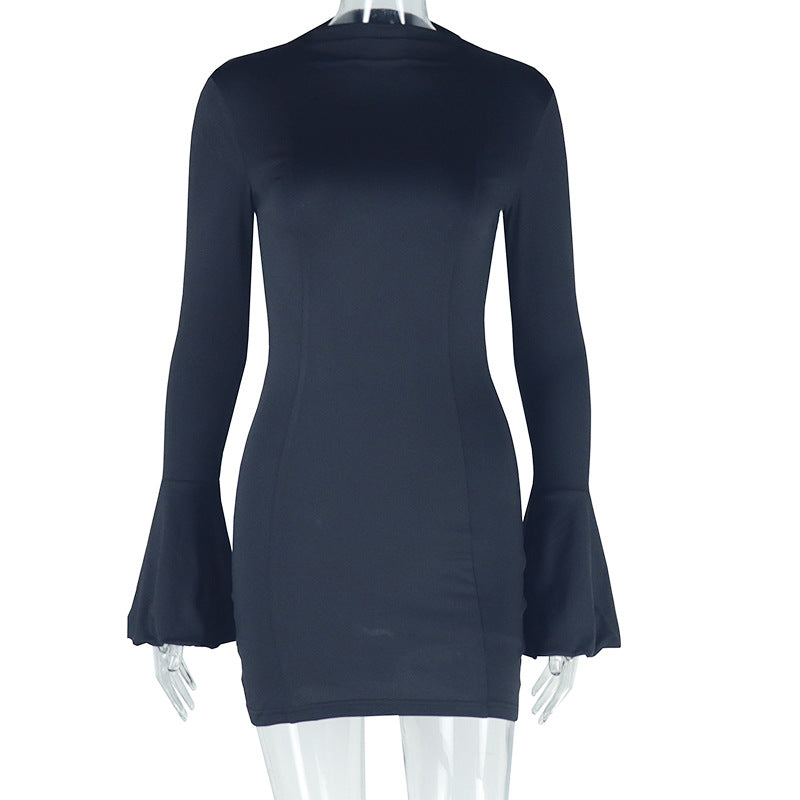Ribbed Knit Mock Neck Exaggerated Bell Cuff Long Sleeve Bodycon Mini Dress