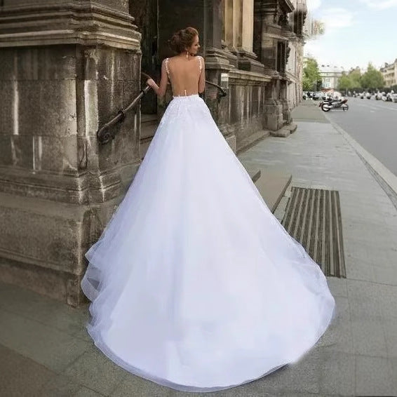 Deep V-Neck Sleeveless Lace Wedding Dress